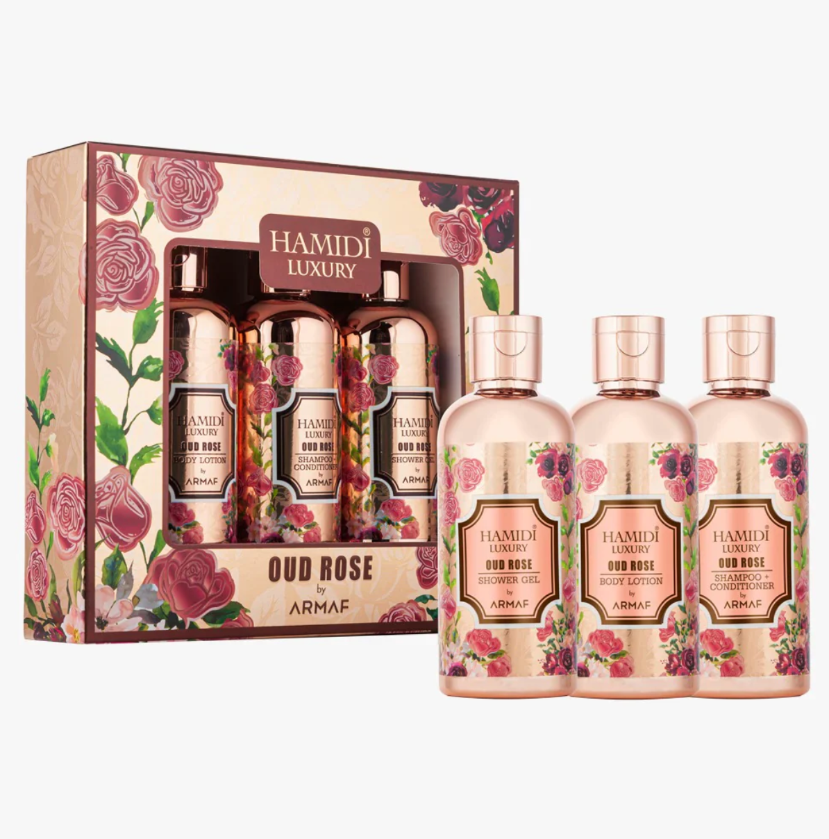 Luxury Oud Rose Gift Set 95ml (shower Gel + Body Lotion + Shampoo Conditioner)