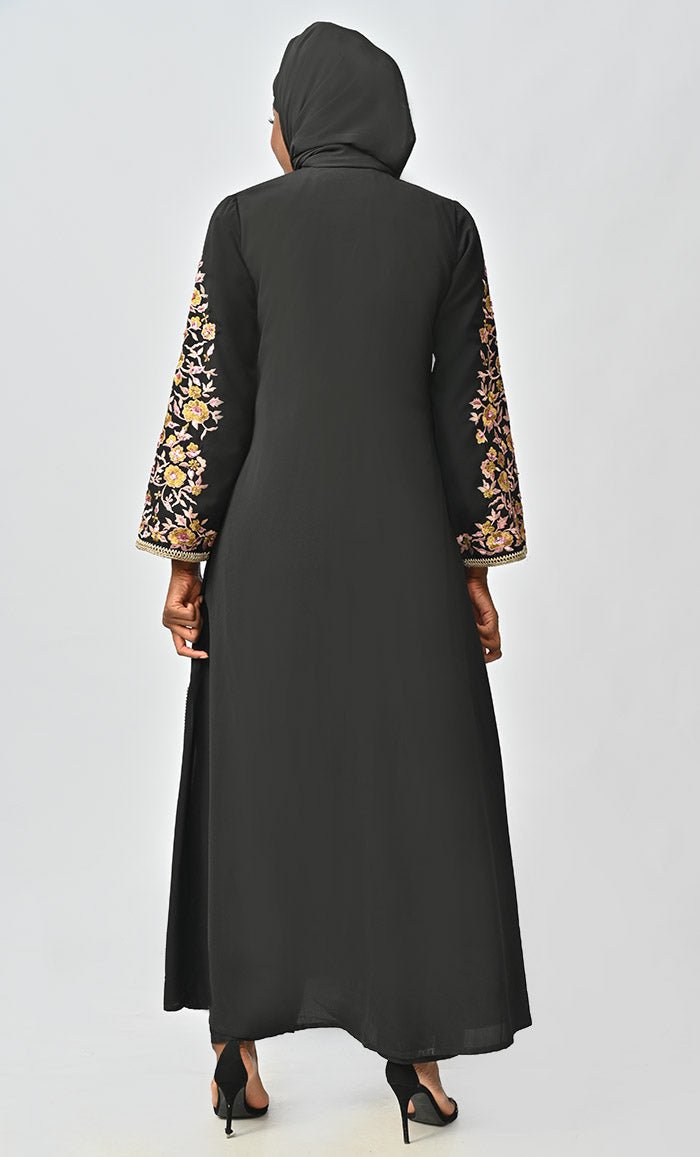 Black Islamic Nida Machine And Hand Embroidered Abaya