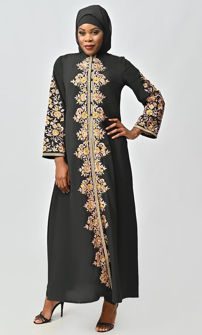 Black Islamic Nida Machine And Hand Embroidered Abaya