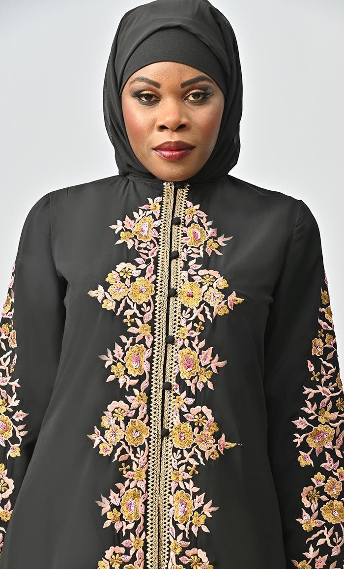 Black Islamic Nida Machine And Hand Embroidered Abaya