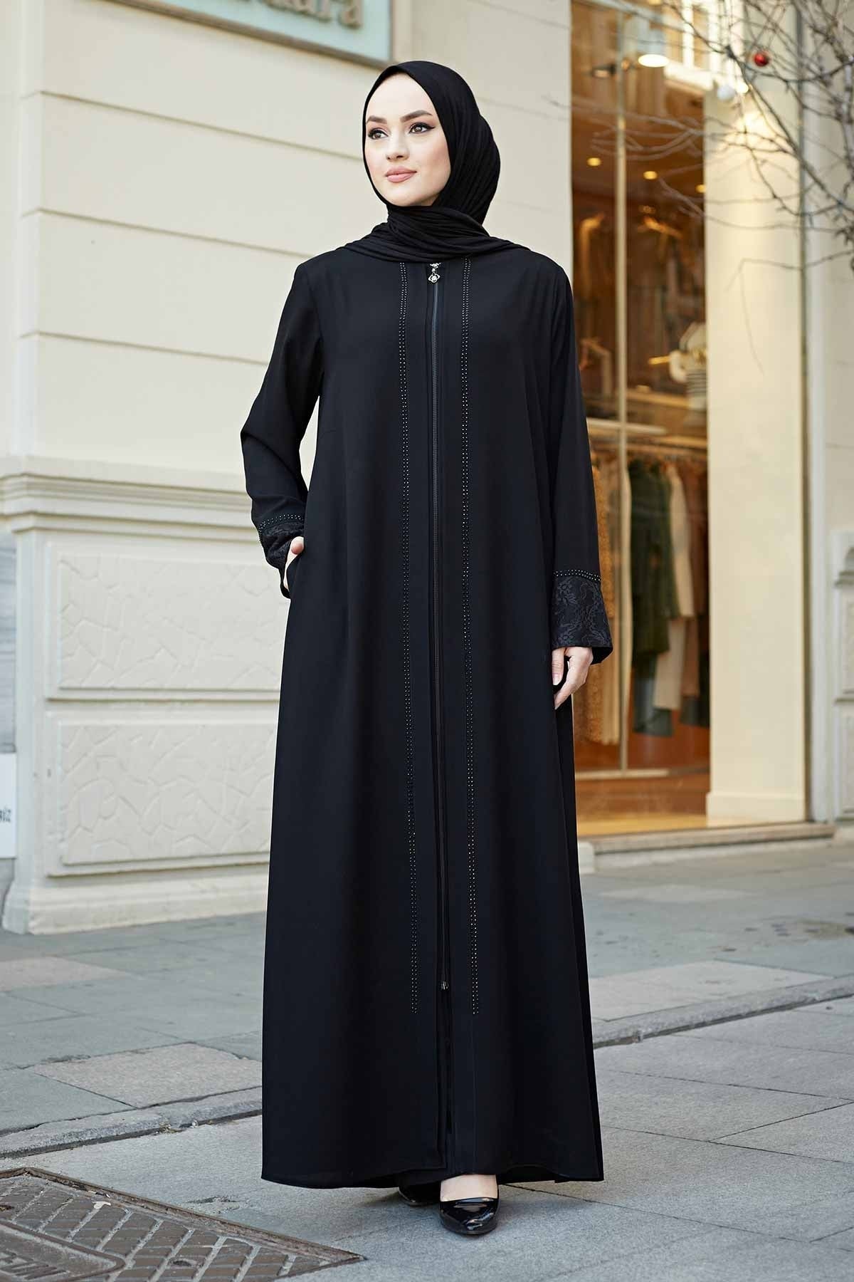 Black Lace Cuff & Stone-Trim Zip Abaya – Turkish Modest Abaya