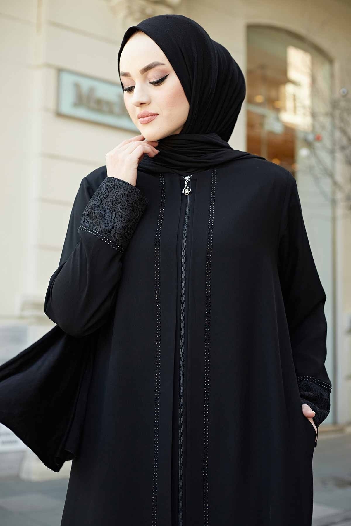 Black Lace Cuff & Stone-Trim Zip Abaya – Turkish Modest Abaya