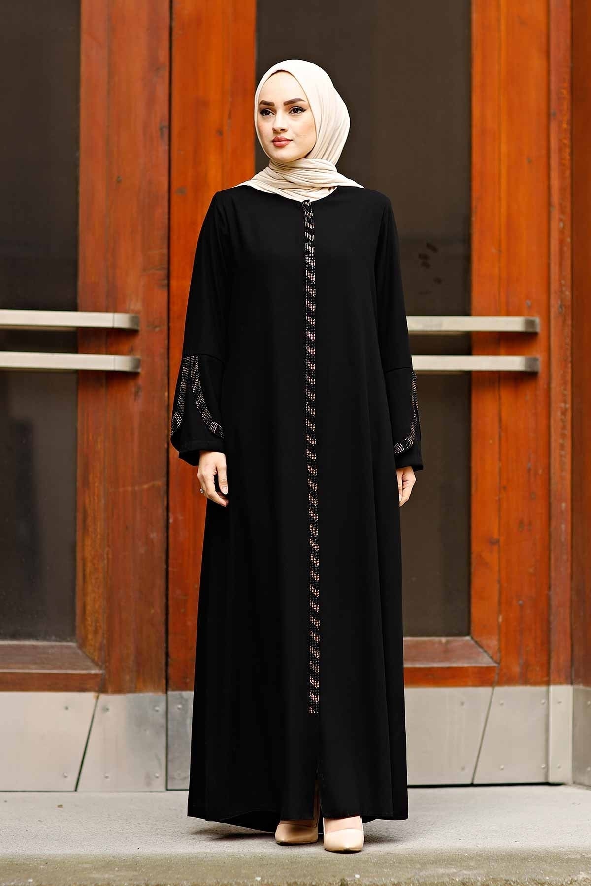 Black Rhinestone Trim Open Abaya with Bell Sleeves – Turkish Modest Abaya