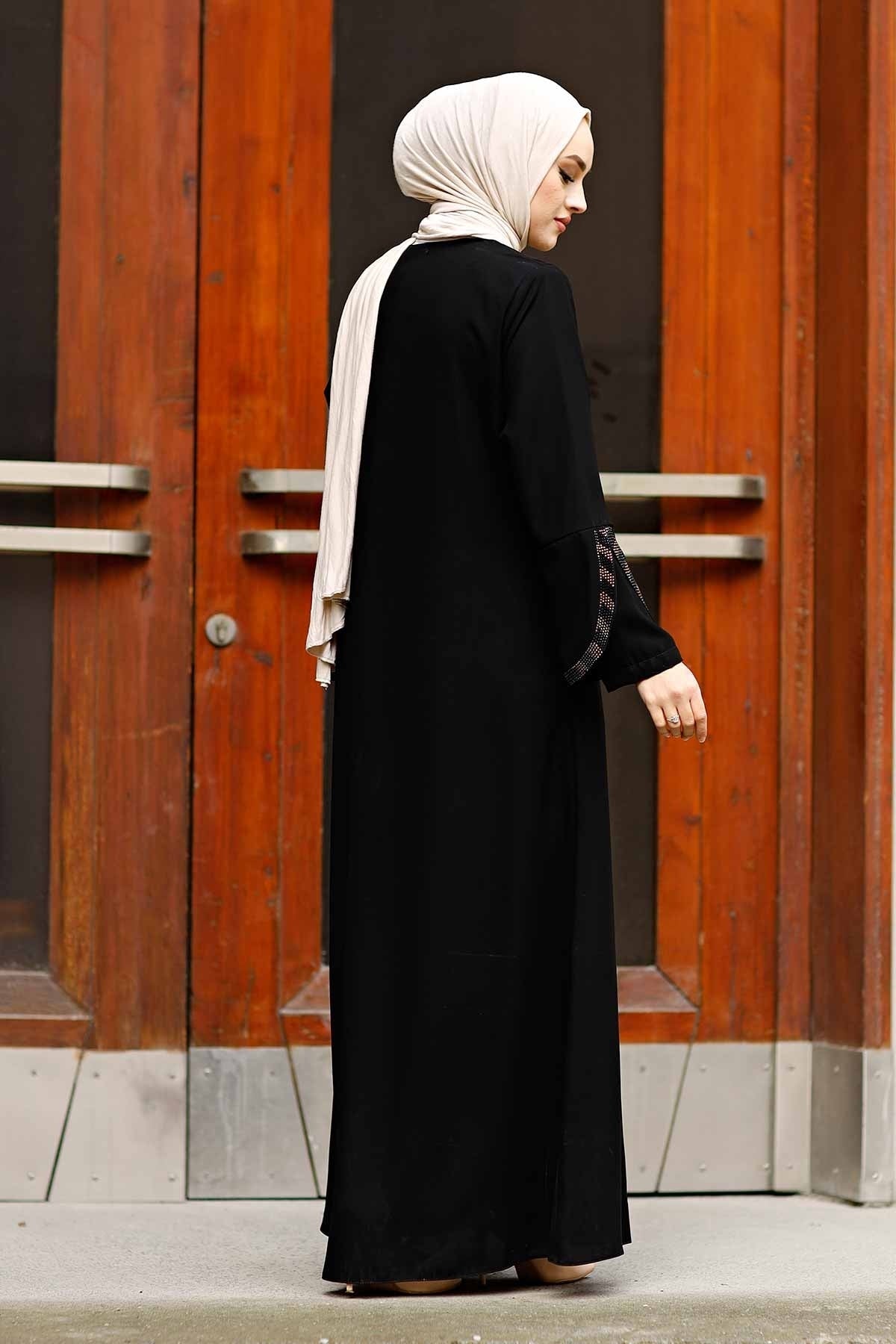 Black Rhinestone Trim Open Abaya with Bell Sleeves – Turkish Modest Abaya
