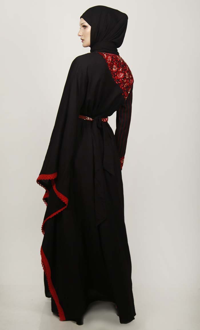 Black Semi Kaftan Embroidered Abaya With Graceful Lace On Border
