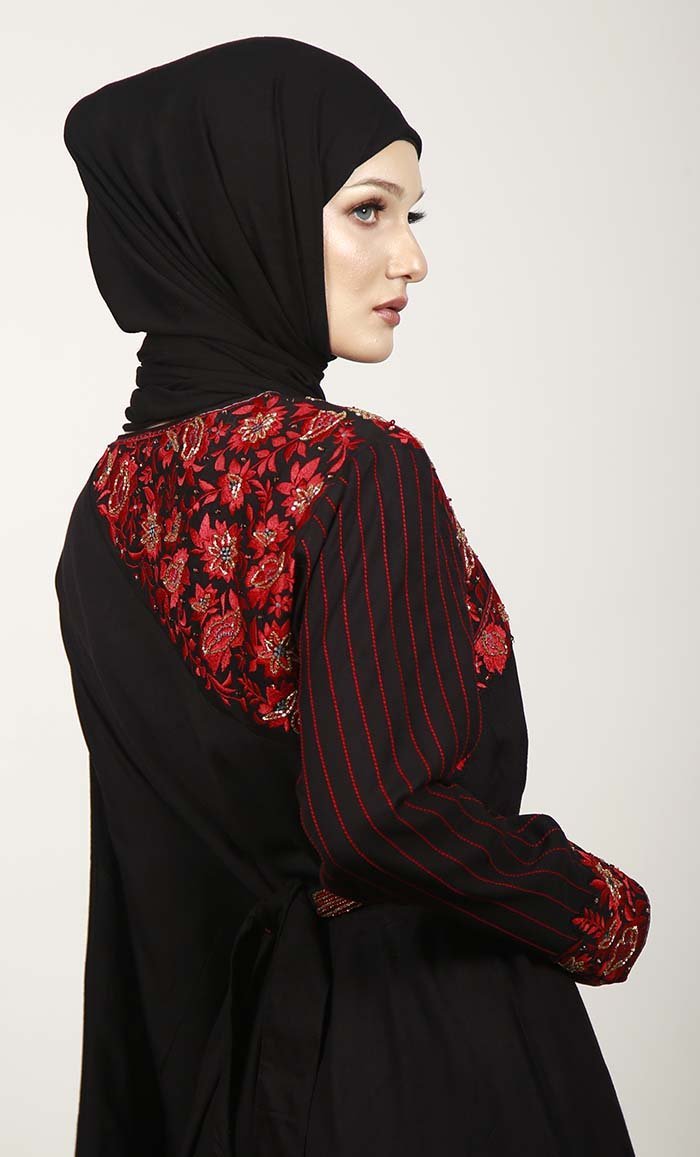 Black Semi Kaftan Embroidered Abaya With Graceful Lace On Border