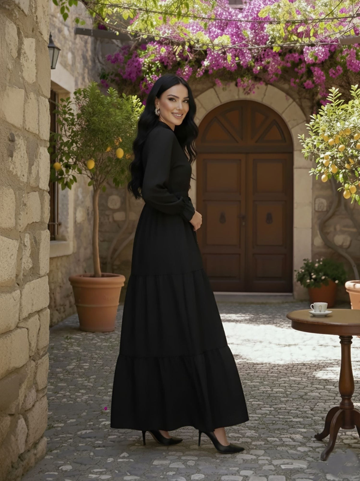 Black Tiered Maxi Dress with Balloon Sleeves & Tie Waist – Modest Maxi Dress
