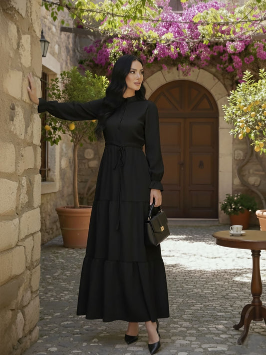 Black Tiered Maxi Dress with Balloon Sleeves & Tie Waist – Modest Maxi Dress