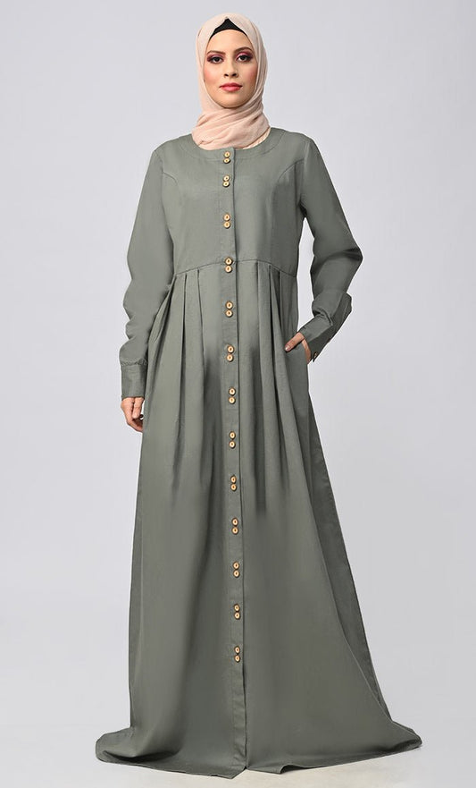 Pleated Waist Cotton Abaya ·Front Open with Pockets