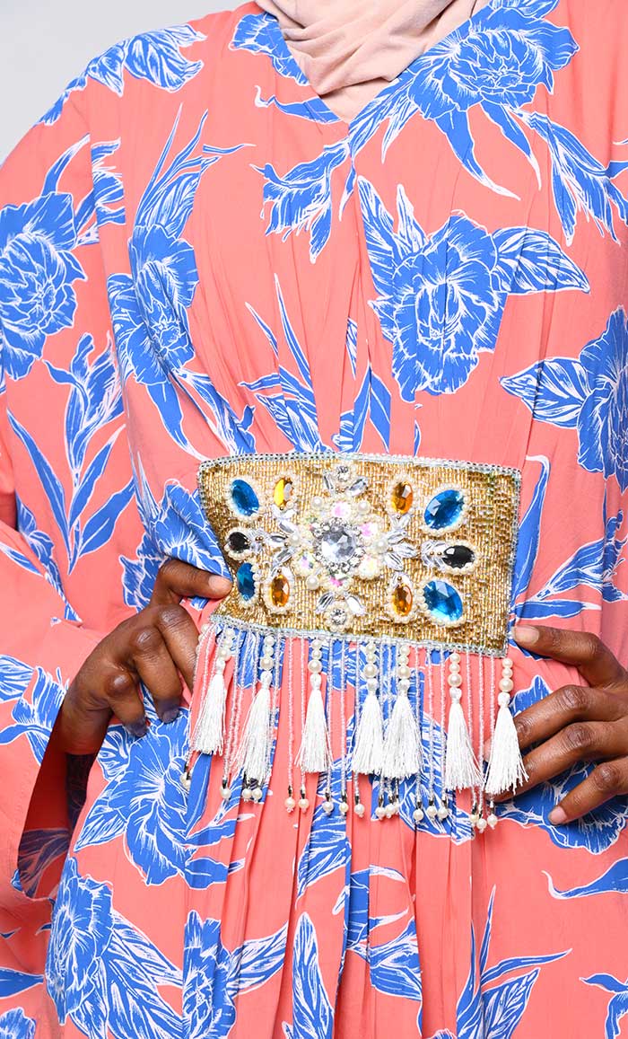 Contrasted Floral Printed Applique Work Detailing Full Flairy Kaftan