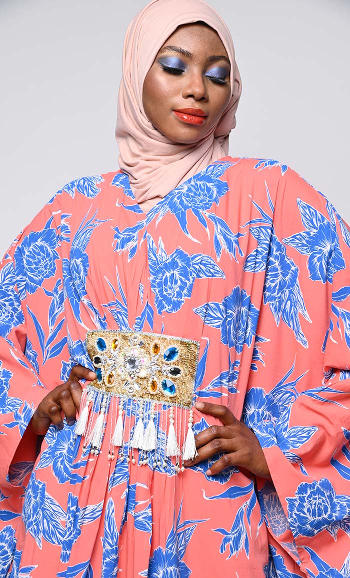 Contrasted Floral Printed Applique Work Detailing Full Flairy Kaftan