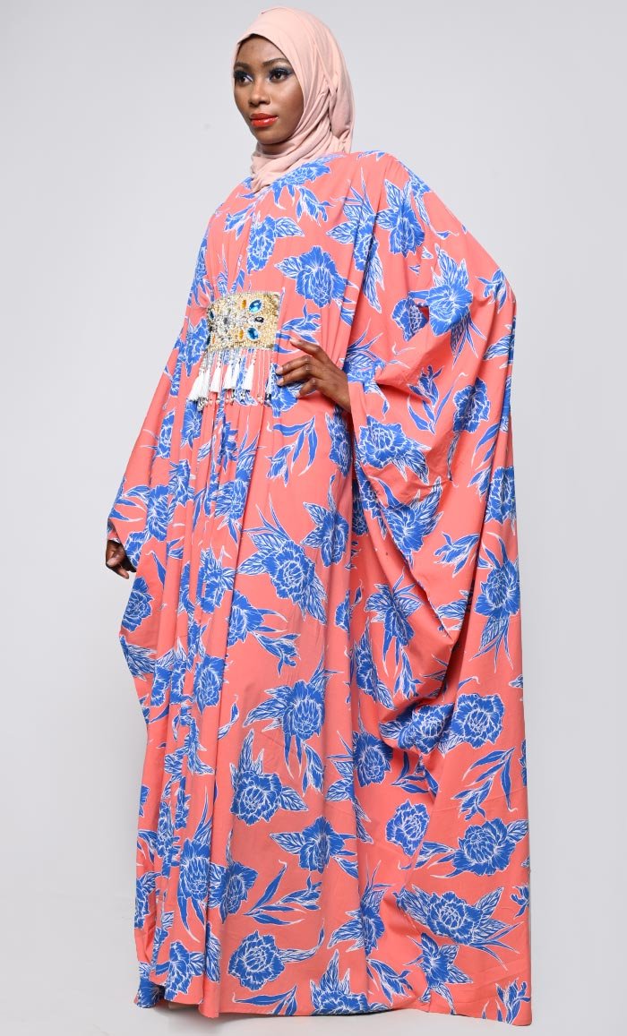 Contrasted Floral Printed Applique Work Detailing Full Flairy Kaftan