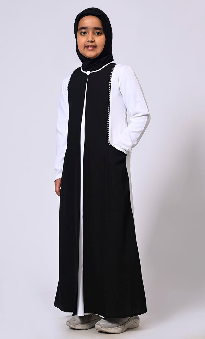 Double Layered Girl's Black Abaya with Sequined Yoke and Front Pockets