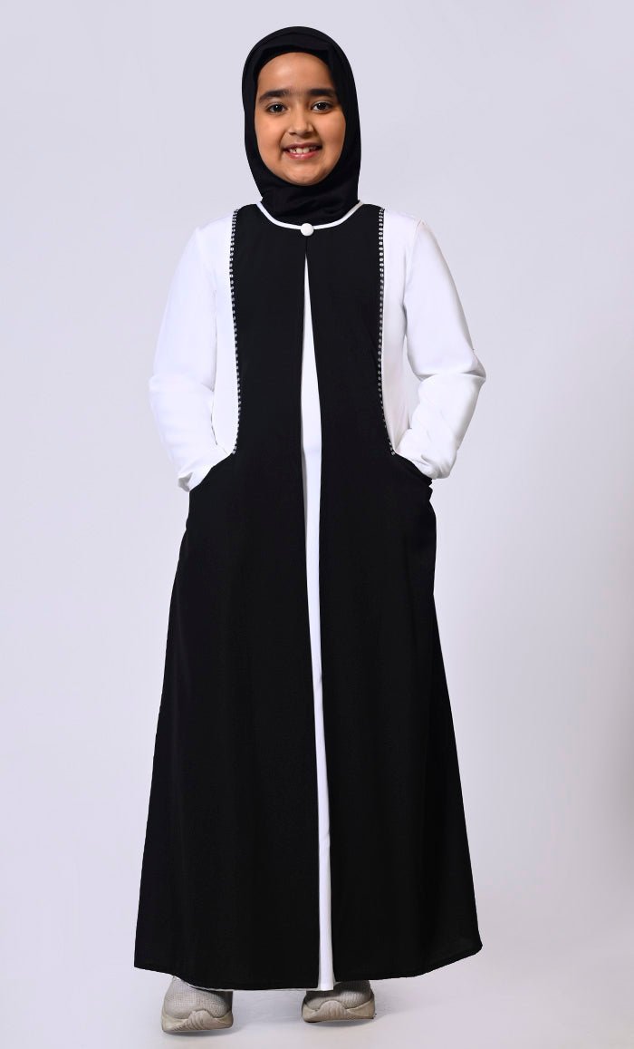 Double Layered Girl's Black Abaya with Sequined Yoke and Front Pockets