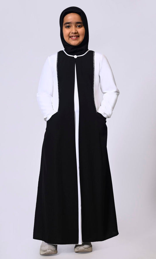 Double Layered Girl's Black Abaya with Sequined Yoke and Front Pockets