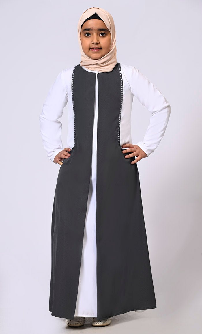Double Layered Girl's Grey Abaya with Sequined Yoke and Front Pockets