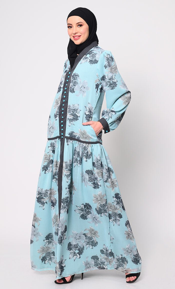 Blue Chiffon Printed Abaya with Bishop Sleeves and Pockets