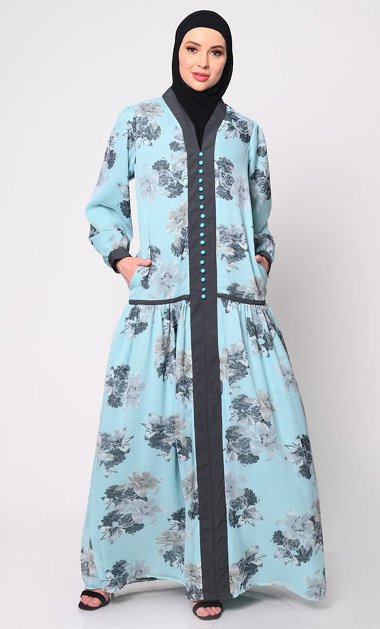 Blue Chiffon Printed Abaya with Bishop Sleeves and Pockets