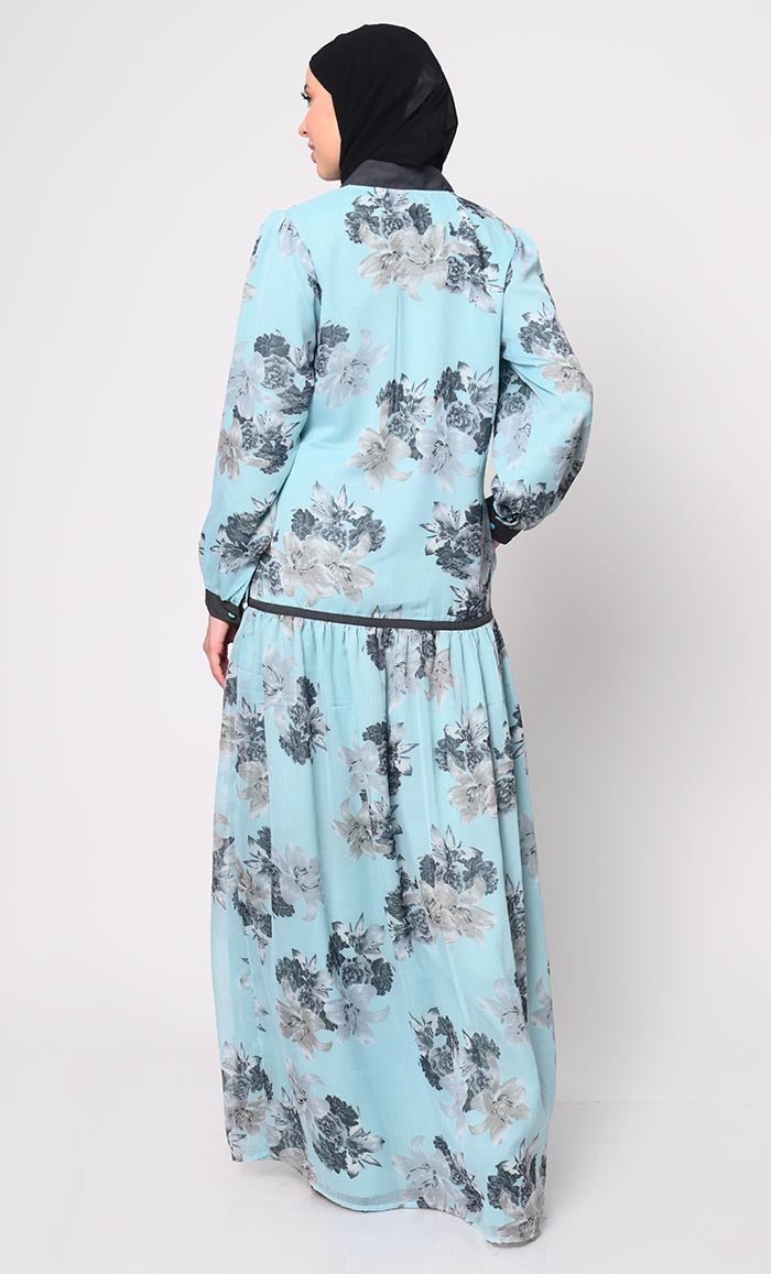 Blue Chiffon Printed Abaya with Bishop Sleeves and Pockets