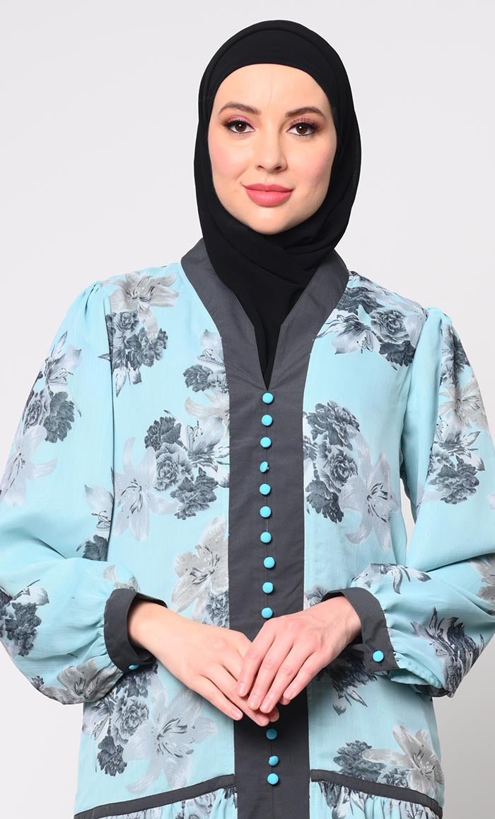 Blue Chiffon Printed Abaya with Bishop Sleeves and Pockets