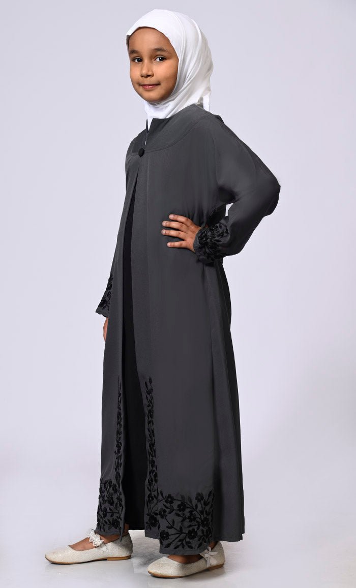 Elegant Ensemble: Girls' Grey Double Layered Embroidered Abaya with Belt