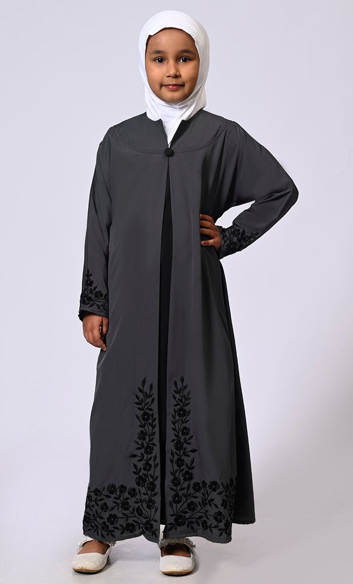 Elegant Ensemble: Girls' Grey Double Layered Embroidered Abaya with Belt