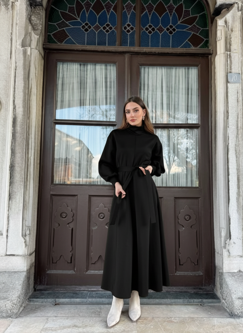 Black Turtleneck Belted Modest Maxi Dress – Winter Modest Dress