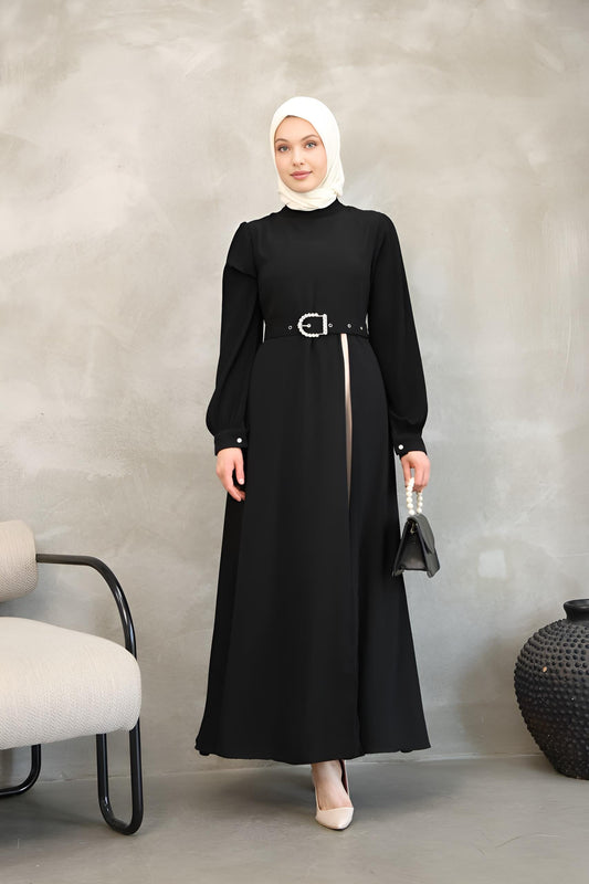 Black Two-Tone Asymmetrical Belted Maxi Dress – Modest Maxi Dress