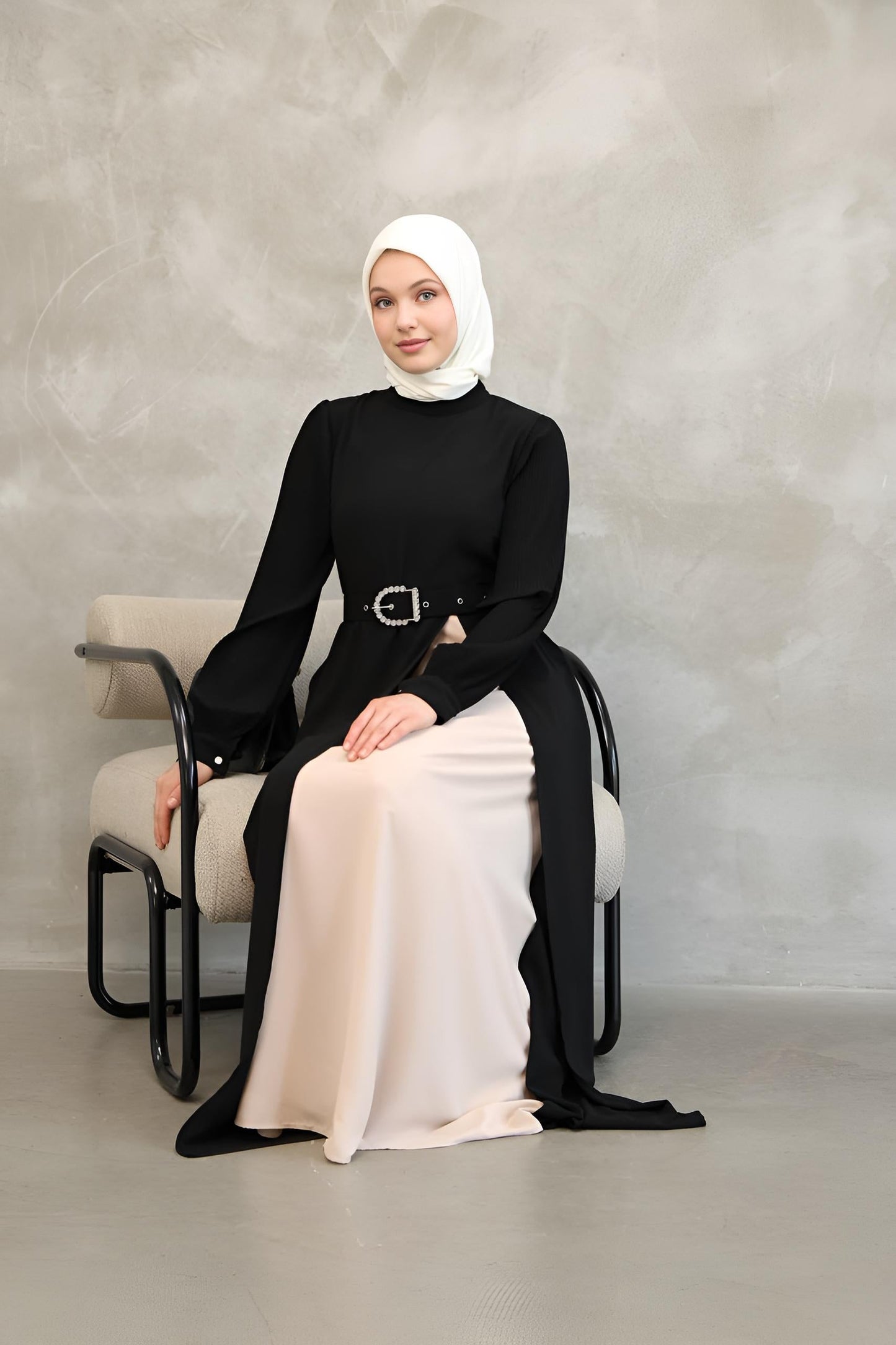 Black Two-Tone Asymmetrical Belted Maxi Dress – Modest Maxi Dress