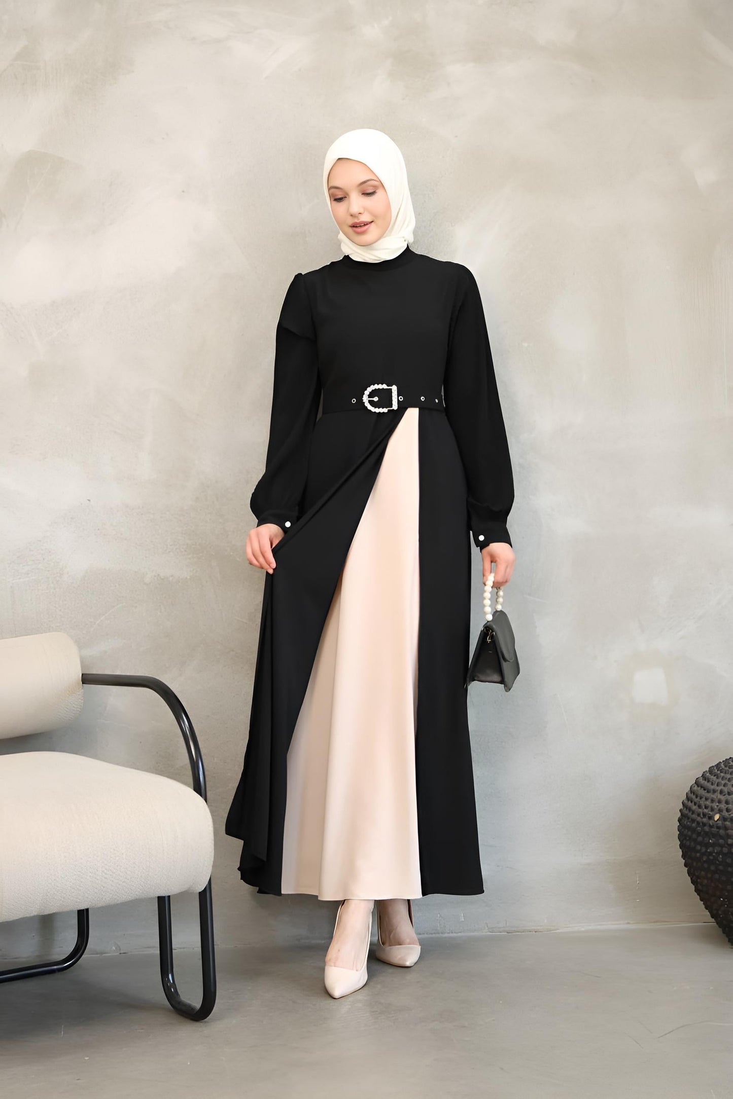 Black Two-Tone Asymmetrical Belted Maxi Dress – Modest Maxi Dress