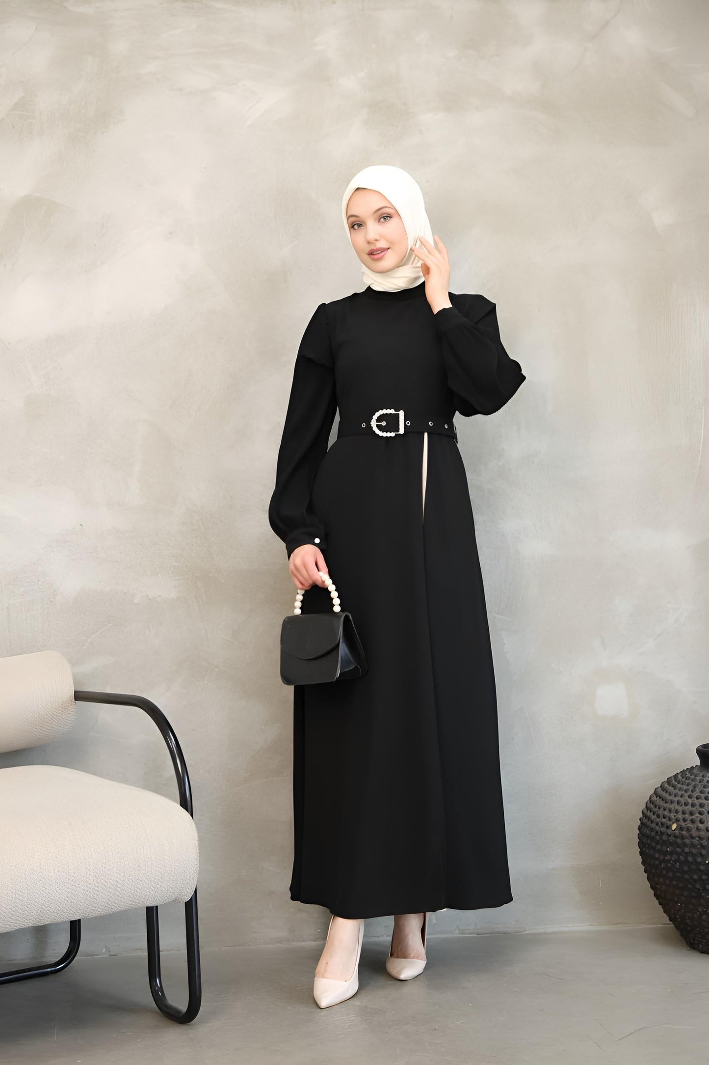 Black Two-Tone Asymmetrical Belted Maxi Dress – Modest Maxi Dress