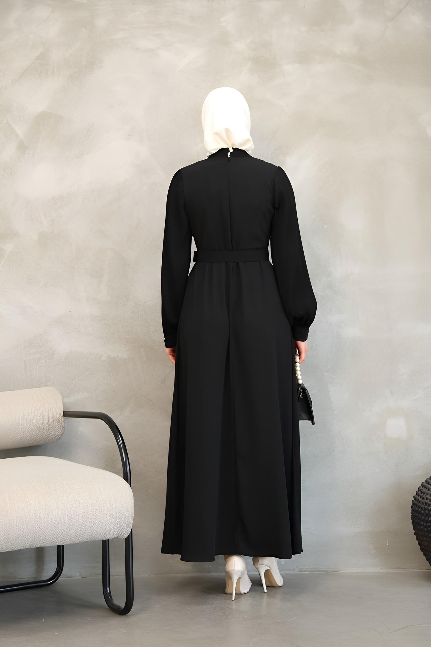 Black Two-Tone Asymmetrical Belted Maxi Dress – Modest Maxi Dress