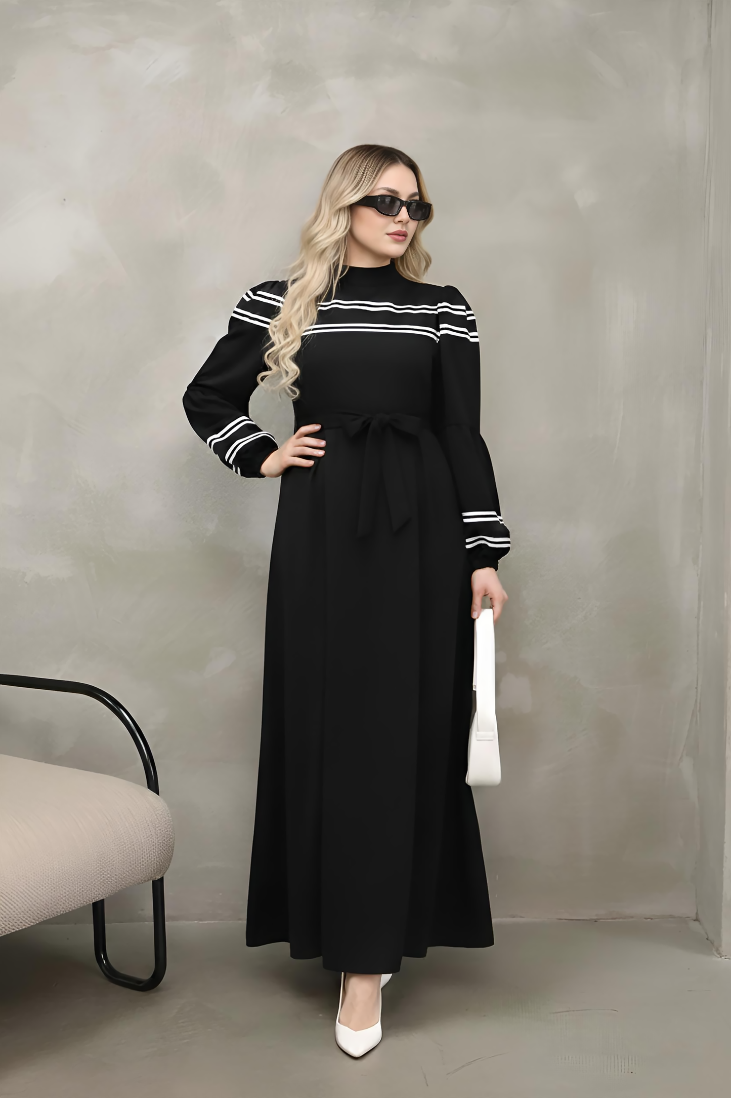 Black Striped Trim Modest Maxi Dress with Balloon Sleeves – Modest Maxi Dress