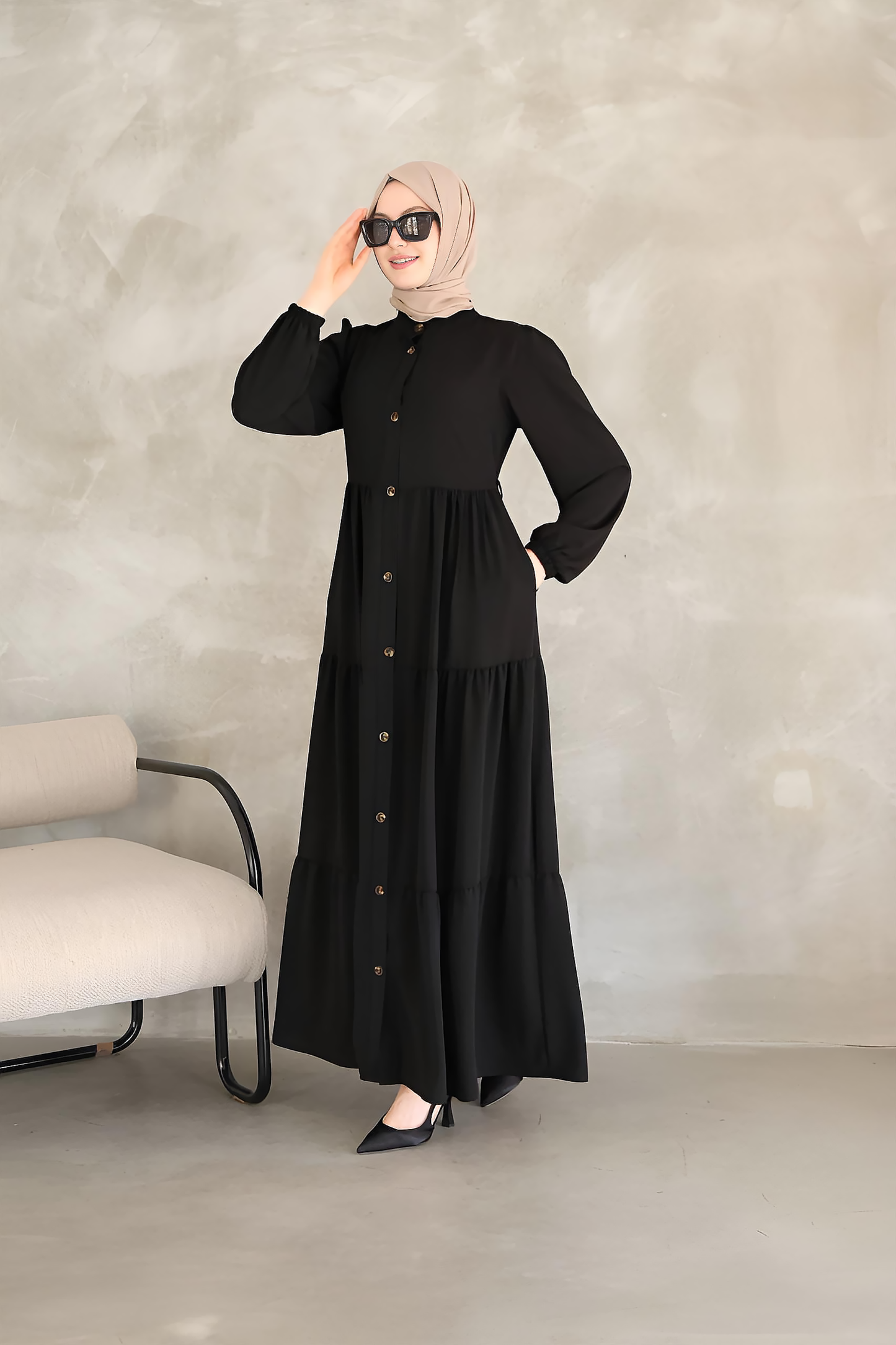 Black Tiered Button-Down Maxi Dress with Waist Belt – Modest Maxi Dress