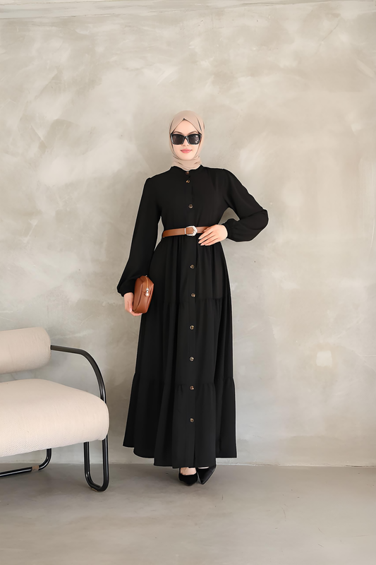 Black Tiered Button-Down Maxi Dress with Waist Belt – Modest Maxi Dress