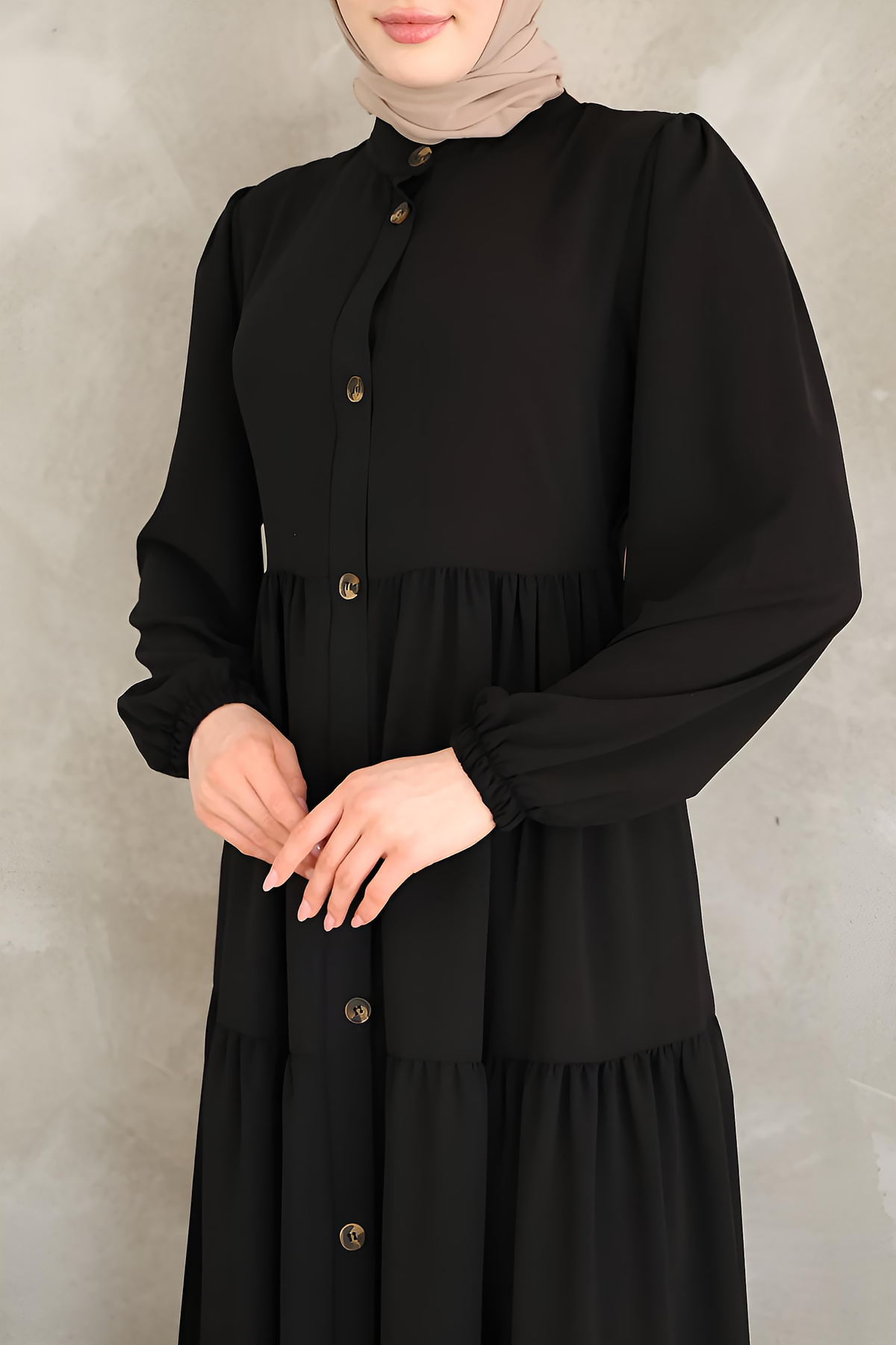 Black Tiered Button-Down Maxi Dress with Waist Belt – Modest Maxi Dress