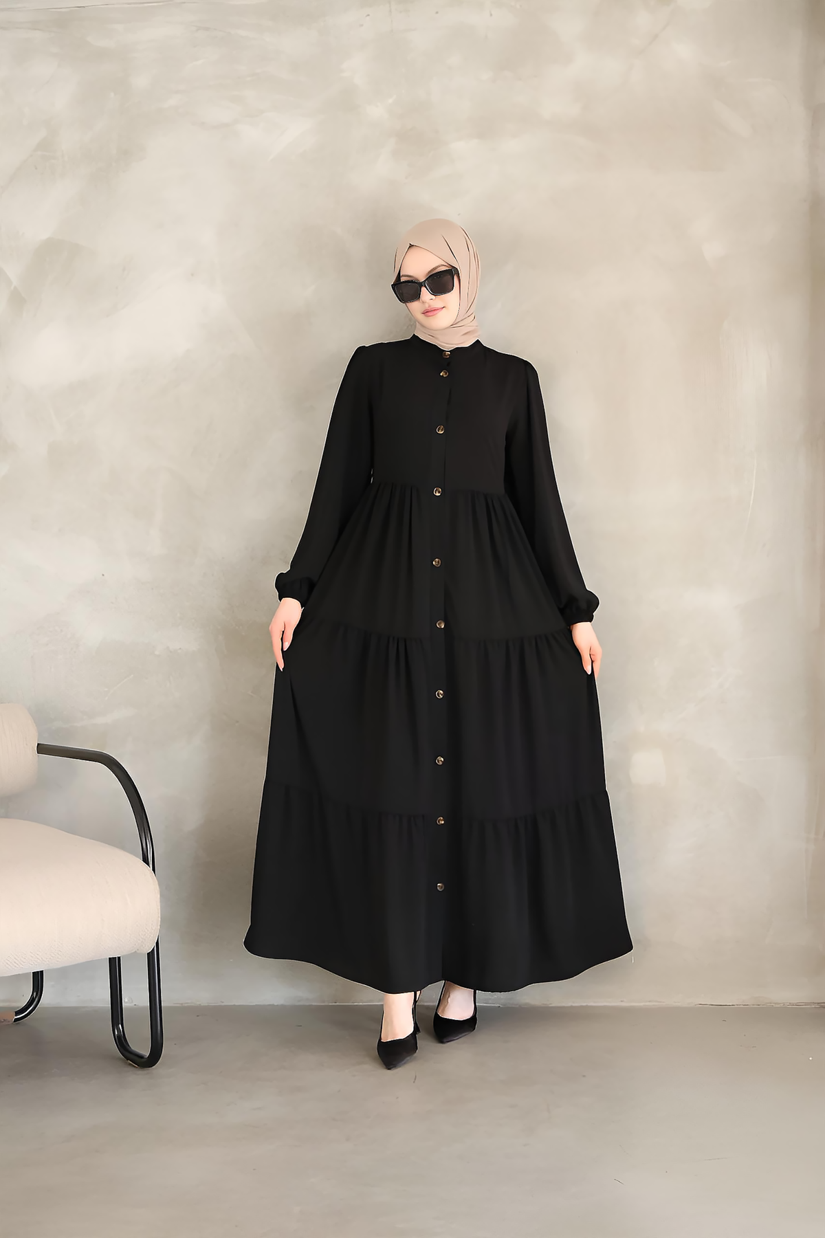 Black Tiered Button-Down Maxi Dress with Waist Belt – Modest Maxi Dress