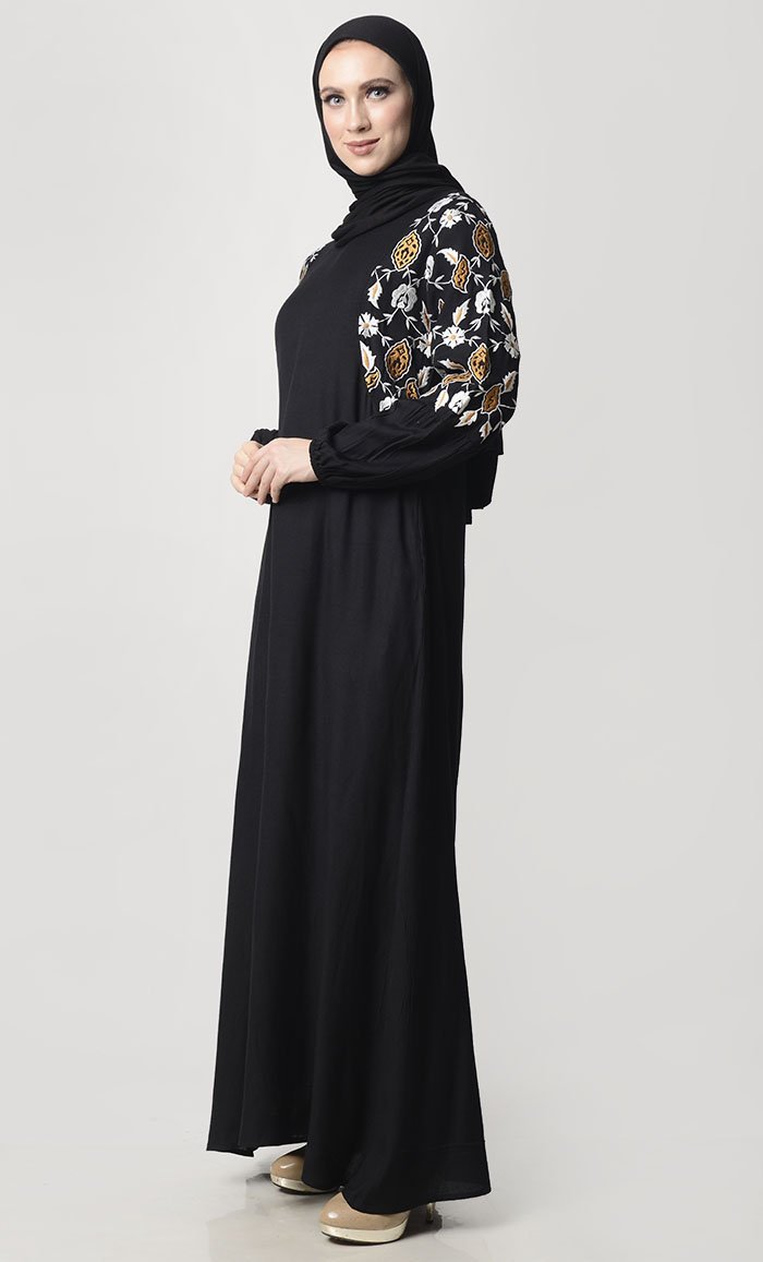 Fall Flower Embroidered Abaya With Pockets