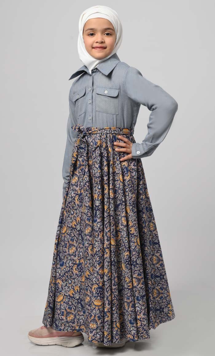 Formal Grey Chambrey Girl'S Modest Muslim Printed Abaya