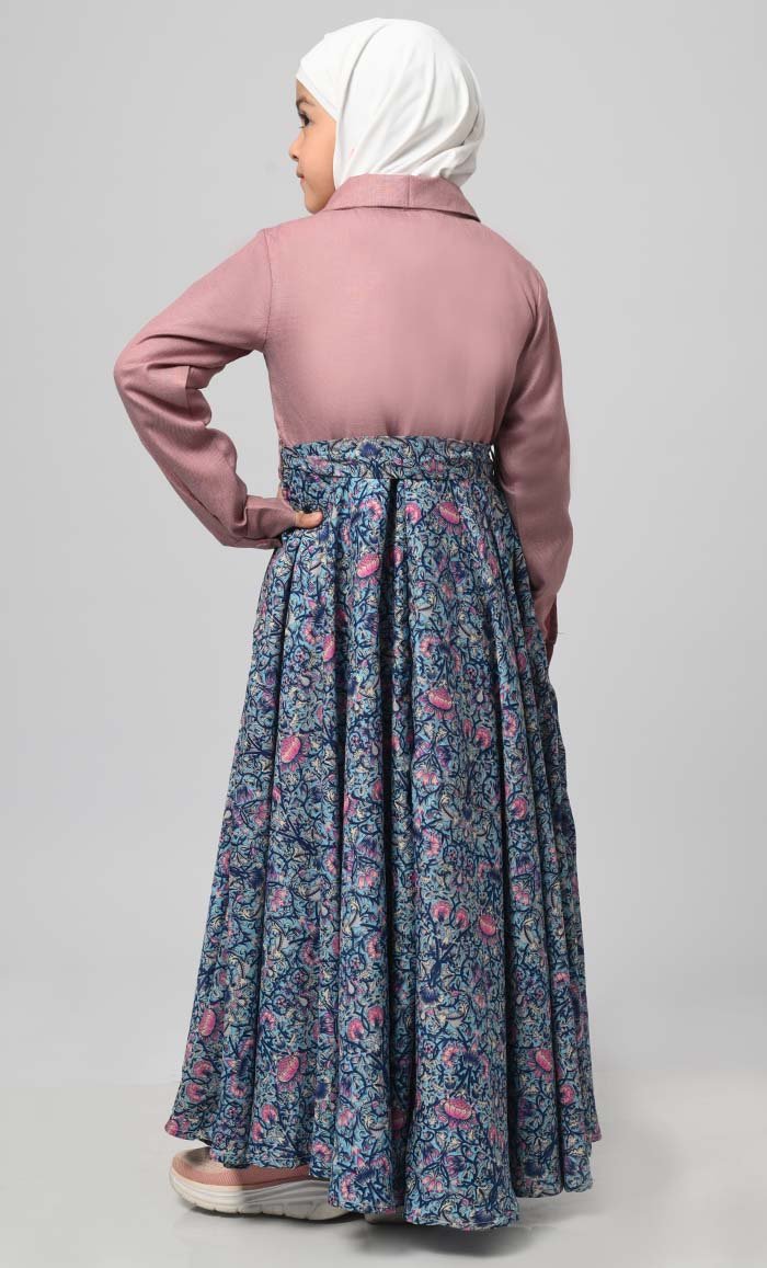 Formal Pink Chambrey Girl'S Modest Muslim Printed Abaya