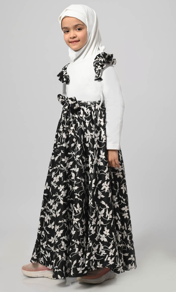Girl Modest Muslim Floral Printed Abaya