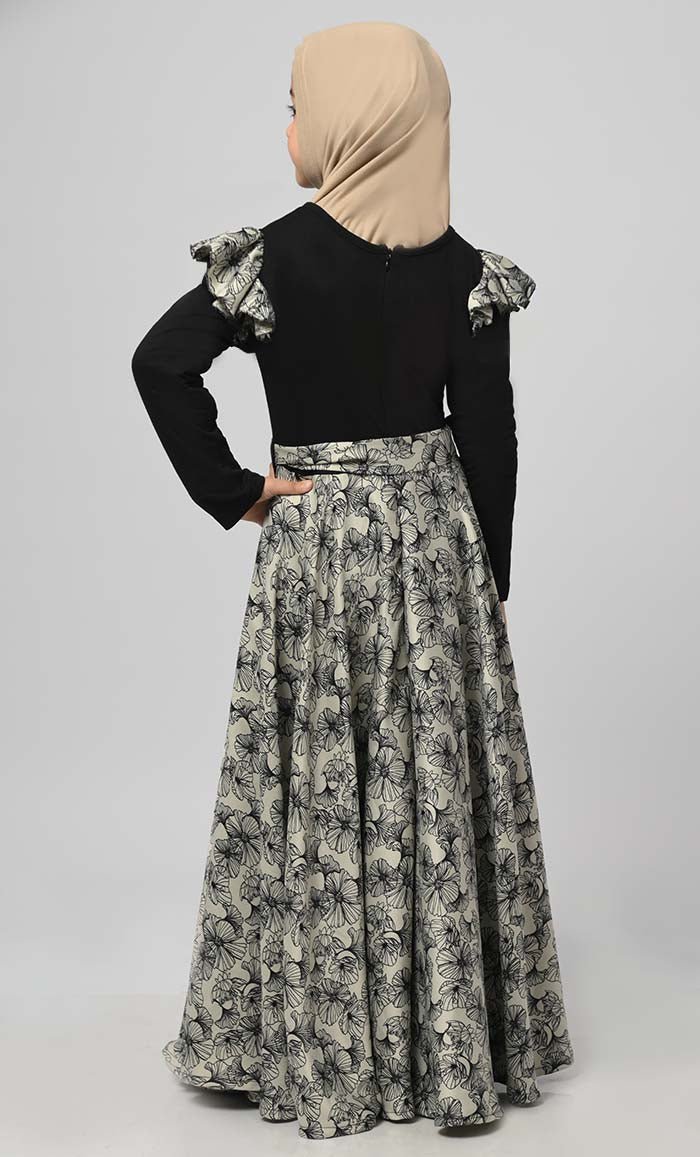Girl Modest Muslim Floral Printed Abaya With Loose Belt