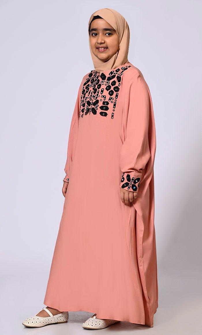 Girls Burlwood Kaftan Abaya with Mirror Work Embroidery and Inside Belt