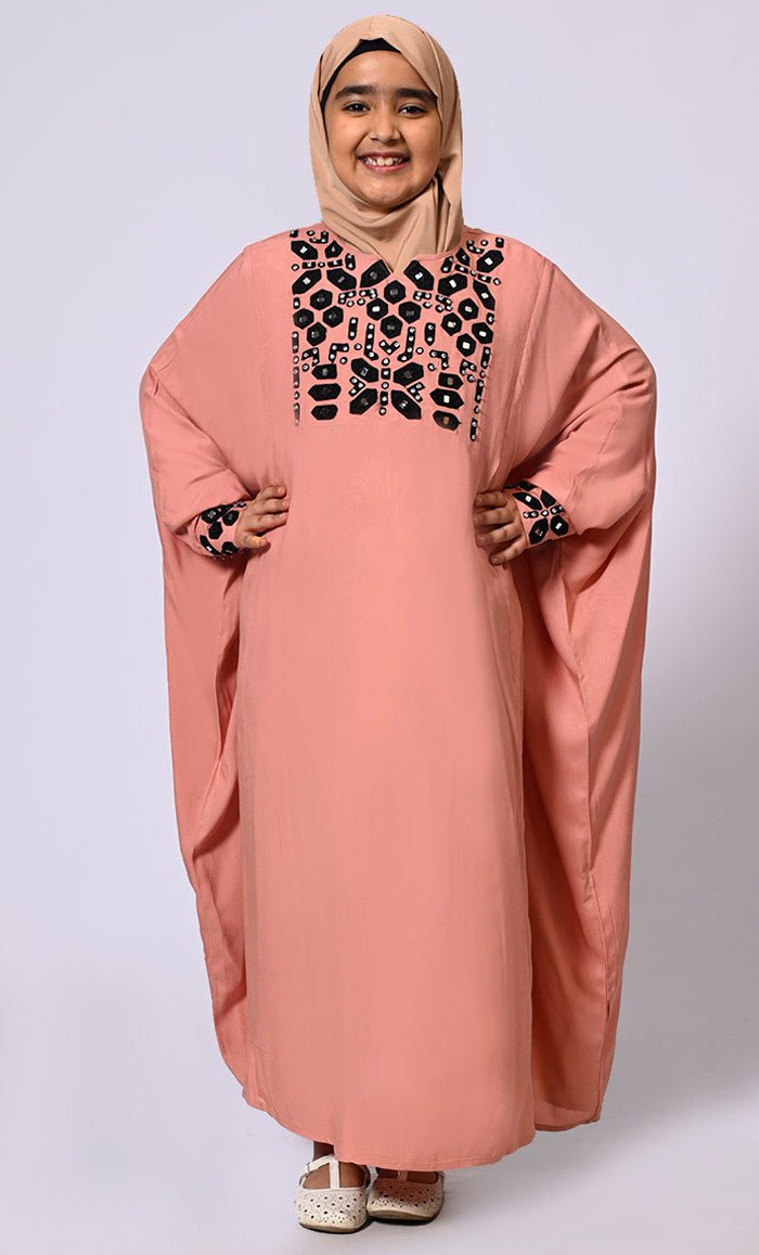 Girls Burlwood Kaftan Abaya with Mirror Work Embroidery and Inside Belt