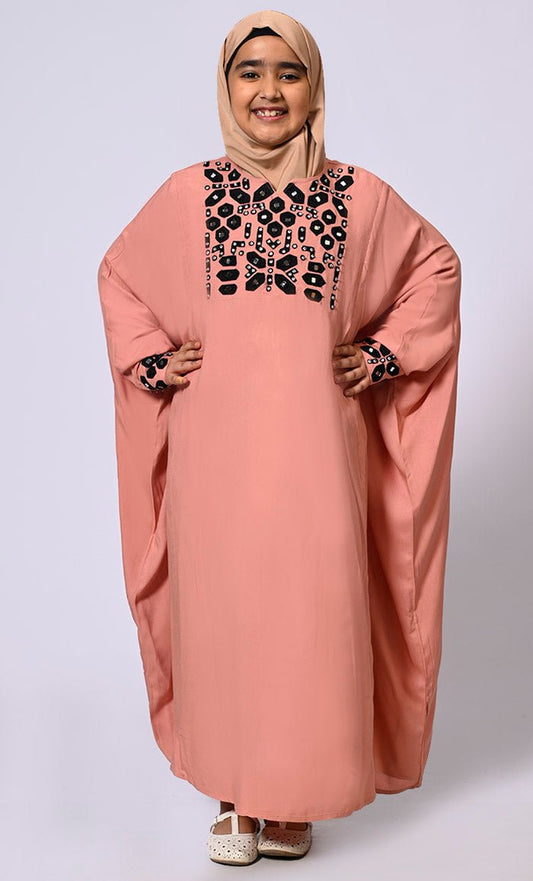 Girls Burlwood Kaftan Abaya with Mirror Work Embroidery and Inside Belt
