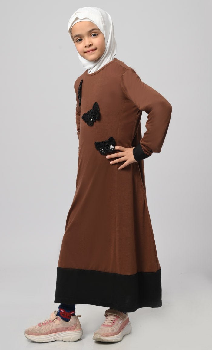 Girl'S Modest Muslim Brown Everyday Wear Abaya