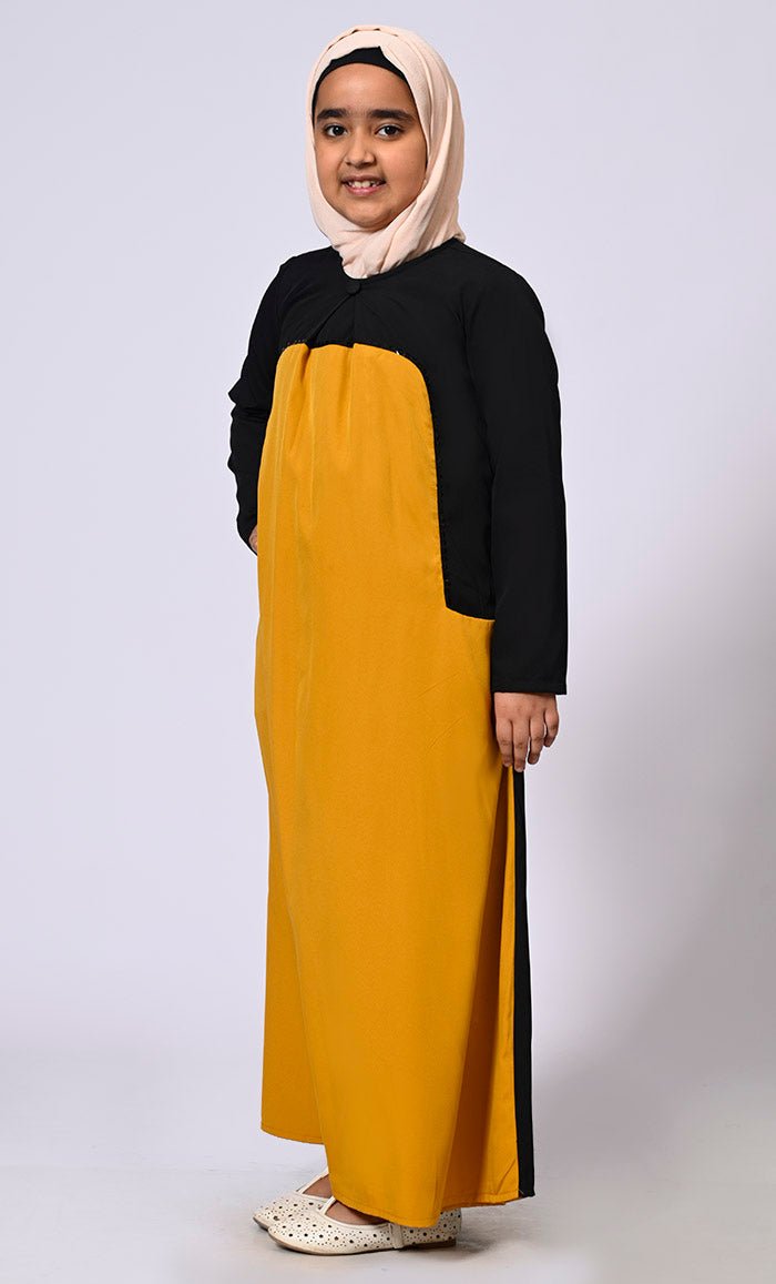 Girl's Mustard Abaya with Inverted Box Pleat and Contrasting Yoke Panel
