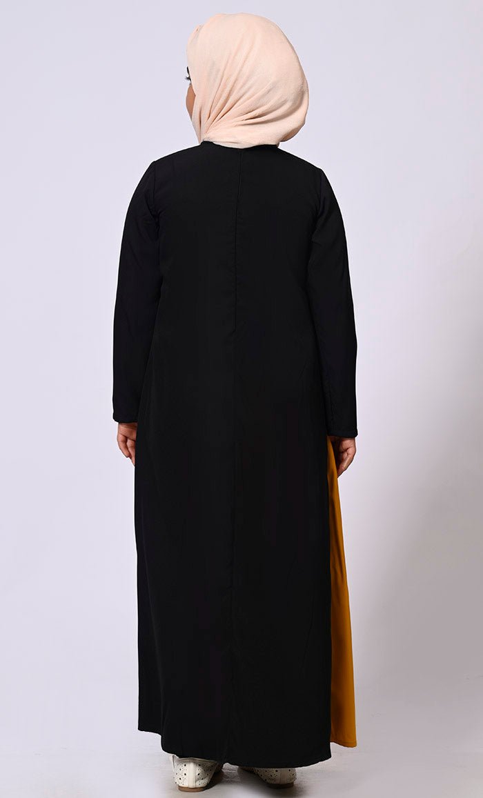 Girl's Mustard Abaya with Inverted Box Pleat and Contrasting Yoke Panel