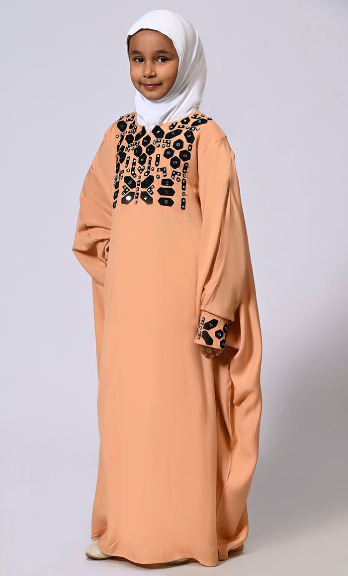 Girls Sand Kaftan Abaya with Mirror Work Embroidery and Inside Belt