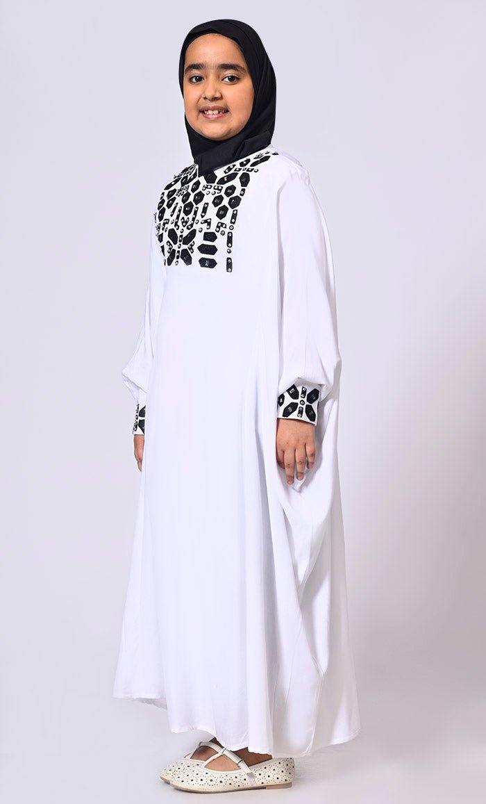 Girls White Kaftan Abaya with Mirror Work Embroidery and Inside Belt